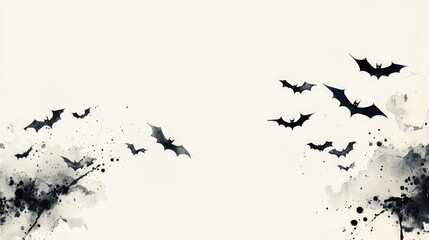 Fototapeta premium Dark, artistic illustration of bats flying against a light background, featuring splashes of ink to create a spooky, atmospheric effect.