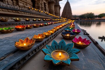 Rows of colorful diyas arranged on the steps of a temple during Diwali, casting golden light on the stone