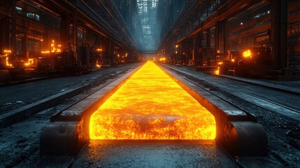 Molten metal flowing in an industrial setting, showcasing manufacturing.