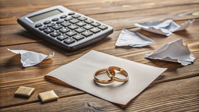 "Calculators, papers, and broken wedding rings scattered on a wooden table, symbolizing the financial struggles and emotional turmoil of a divorce settlement."