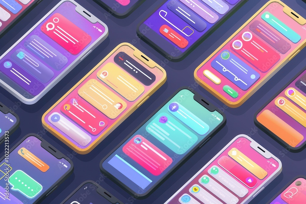 Poster multiple smartphones show engaging stories and short videos with colorful interfaces and varied cont