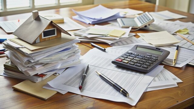 A cluttered banker's desk with scattered foreclosure documents, calculator, and pen, conveying a sense of urgency and financial distress in a troubled economy.