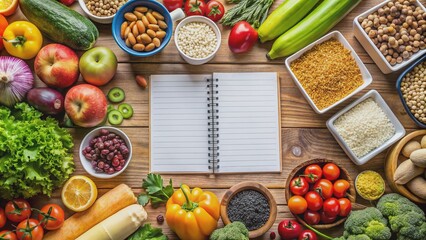 A meticulously organized meal planning list and vibrant shopping list on a kitchen table, categorizing healthy food options like fruits, vegetables, whole grains, and lean proteins.