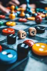 Colorful Board Game Pieces and Dice on Tabletop
