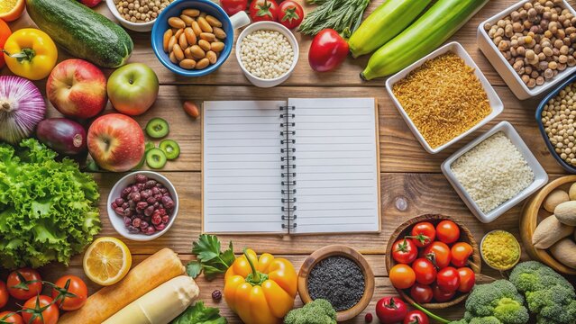 A meticulously organized meal planning list and vibrant shopping list on a kitchen table, categorizing healthy food options like fruits, vegetables, whole grains, and lean proteins.