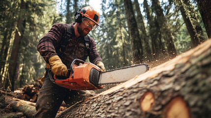 Logger cutting tree with chainsaw