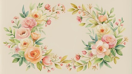 Delicate watercolor floral wreath with soft pink and peach hues on a gentle cream background, perfect for Mother's Day, wedding invitations, or spring templates, features copious copy space.
