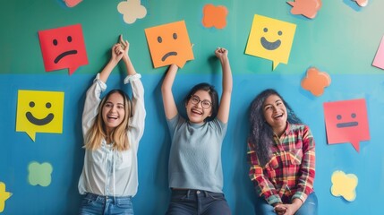 Three friends celebrate while participating in fun interactive polls and surveys on social media at a vibrant workspace. Generative AI