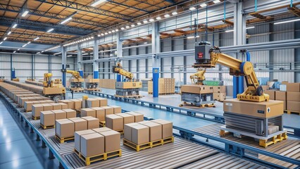 Naklejka premium Modern robotic systems and automated machinery work together in a busy warehousing facility, efficiently processing and preparing packages for fast online order fulfillment.