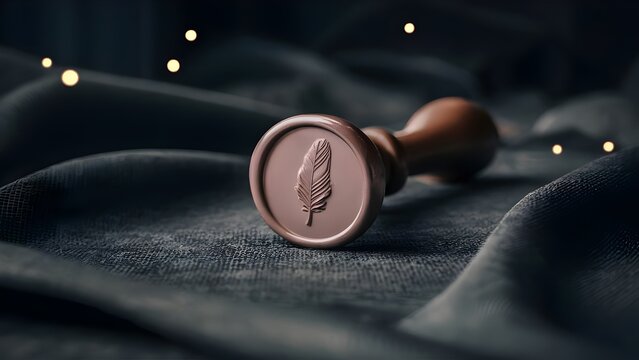 Wax Seal Stamp with Feather Motif on Textured Fabric