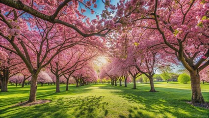 Fototapeta premium Vibrant pink cherry blossoms bloom above lush green grass, casting dappled shade on a serene spring day, evoking feelings of love and tranquility in a peaceful atmosphere.
