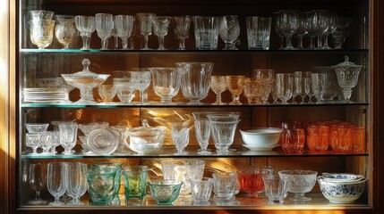 Display of various glassware and crystal items on shelves.