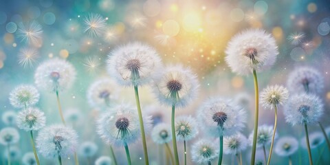 Obraz premium Delicate white dandelions bloom amidst gentle swirls of soft pastel hues, creating a serene and whimsical spring background with a sense of subtle movement.