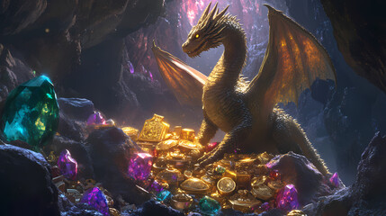 Majestic dragon perched on a treasure hoard with radiant gemstones and golden artifacts, fantasy cave scene. Dragons Hoard. Illustration