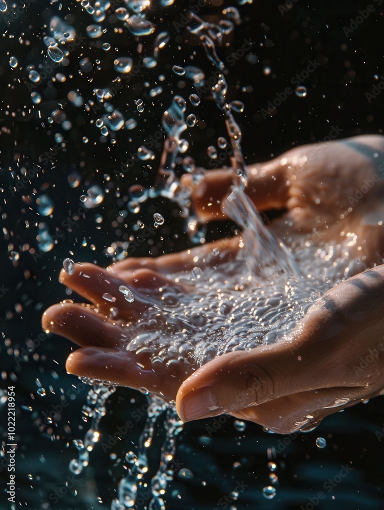Poster Clean hands are rinsed thoroughly under a stream of flowing water, reflecting the importance of hygiene and cleanliness. Generative AI