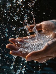 Fototapeta premium Clean hands are rinsed thoroughly under a stream of flowing water, reflecting the importance of hygiene and cleanliness. Generative AI