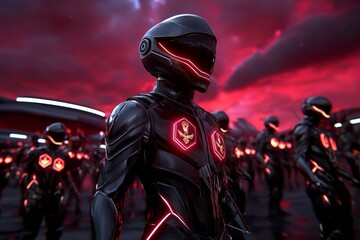 Naklejka premium A fantasy army standing in formation, with glowing honor medals on their chests, preparing for an epic battle under a blood-red sky