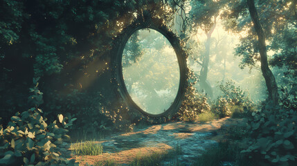 Mirror forest fantasy magical. generate ai. Enchanted Mirror. Illustration