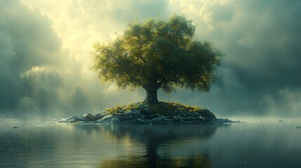 Solitary Tree on a Misty Lake - Tranquil Nature Photography