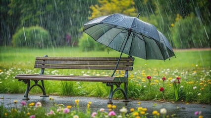 Lonely umbrella forgotten on a deserted park bench, surrounded by rain-soaked flowers and grass, evoking a sense of melancholy and abandonment on a gray day.