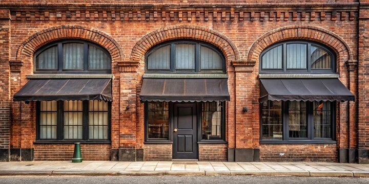 A facade of a brick building featuring three arched windows with black awnings and a black door, offering a sense of classic urban elegance.