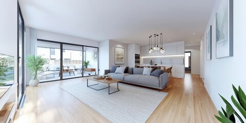 A bright and airy living room with large white walls, light wood floors, a plush gray sofa, and green plants scattered around, showcasing the space in panorama