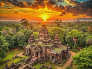Fototapeta premium Vibrant sunset casts a warm orange glow over ancient crumbling temple walls, surrounded by lush green jungle foliage in rural Cambodia.