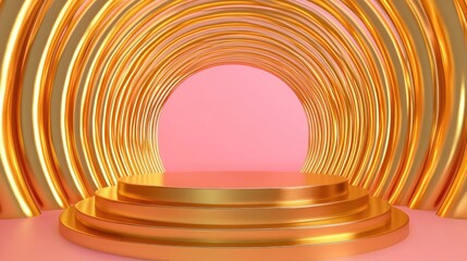 Obraz premium Golden Podium with Curved Abstract Background