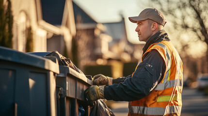 Waste collector emptying bin into garbage truck