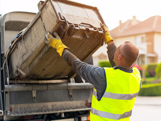 Waste collector loading garbage into truck