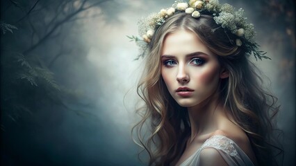 The Enchanting Gaze of a Forest Nymph, Adorned with Delicate White Blossoms, Her Eyes Reflecting the Mystical Beauty of the Enchanting Woods