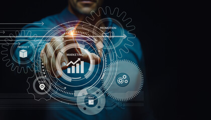 Corporate executive managing product lifecycle; interactive digital interface highlighting stages of product development and market integration.