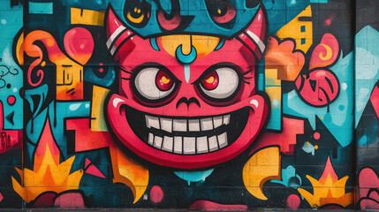 This graffiti art features a devil with dynamic, angular lines and a fiery color palette, its menacing presence bringing a strikingly rebellious vibe to the gritty urban setting.