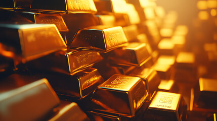 Fototapeta premium Close-up view of shining gold bars stacked together, reflecting warm light, symbolizing wealth and prosperity in financial contexts.