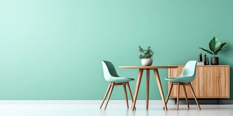 A chic mid-century modern living room with mint-colored chairs surrounding a round wooden dining table, a sleek sofa, and a wooden cabinet, highlighted by a soft green wall for a stylish contrast