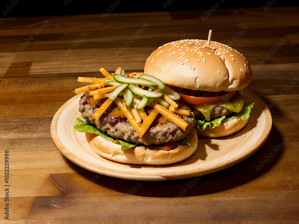 Wall mural a burger with a beef patty