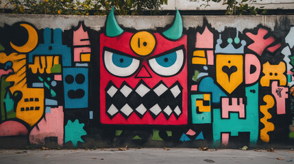 This graffiti devil, with its intricate designs and vibrant colors, brings both menace and artistic flair to the brick wall, creating a bold visual statement.