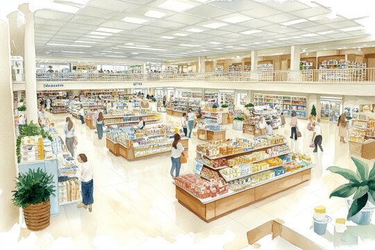 A watercolor painting of a bustling store during a doorbusters sale, with soft colors and flowing brushstrokes capturing the excitement of shoppers grabbing deals