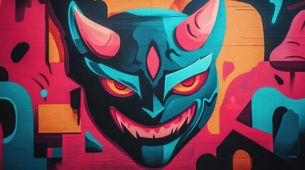 Obraz premium A dynamic graffiti mural of a devil with fierce eyes and exaggerated features, rendered in vivid, neon shades, the devil form blending with the urban backdrop and street art.