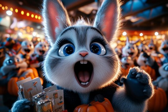 A whimsical scene of excited fantasy creatures rushing into a magical market for a doorbusters sale, grabbing enchanted items at deep discounts