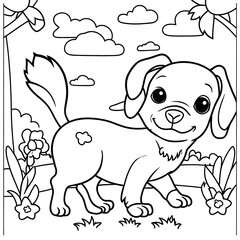 Obraz premium dog and puppies playing in a yard, children coloring book cartoon , Digital illustration.