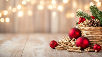 Festive Christmas scene with wicker basket filled with pine cones and wooden pellets, red ornaments, and fir branches on wooden table