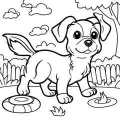 Fototapeta premium dog and puppies playing in a yard, children coloring book cartoon , Digital illustration.