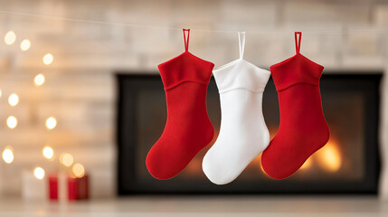 Christmas stockings hanging over a modern wood pellet stove, eco-friendly home heating.