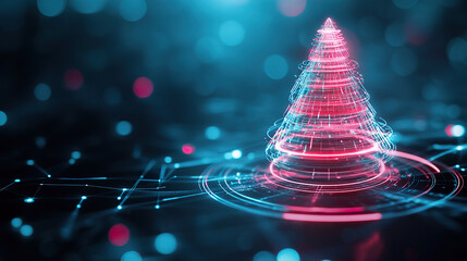 Glowing digital Christmas tree made of neon lights stands on futuristic, tech inspired background