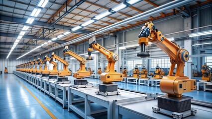 Fototapeta premium A row of industrial robotic arms in a manufacturing facility, poised for automated precision tasks