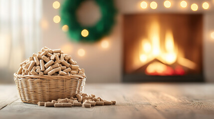 Obraz premium cozy scene with basket of wood pellets on wooden table, set against warm fireplace and festive lights