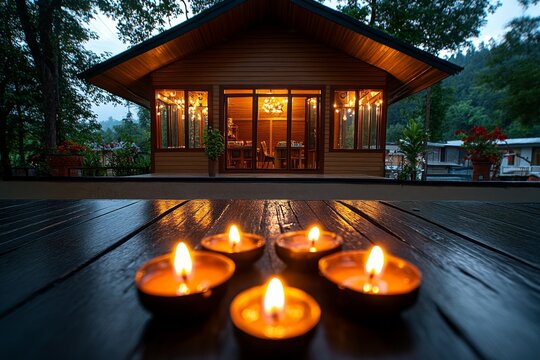 Diyas glowing in the windows of a rural Indian home, illuminating the warm wooden interior