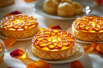 Diyas placed among flower petals on a festive Diwali table, casting warm shadows on the food and decorations