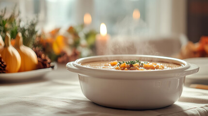 warm bowl of creamy pumpkin soup garnished with herbs sits on table, surrounded by autumn decorations like small pumpkins and pinecones